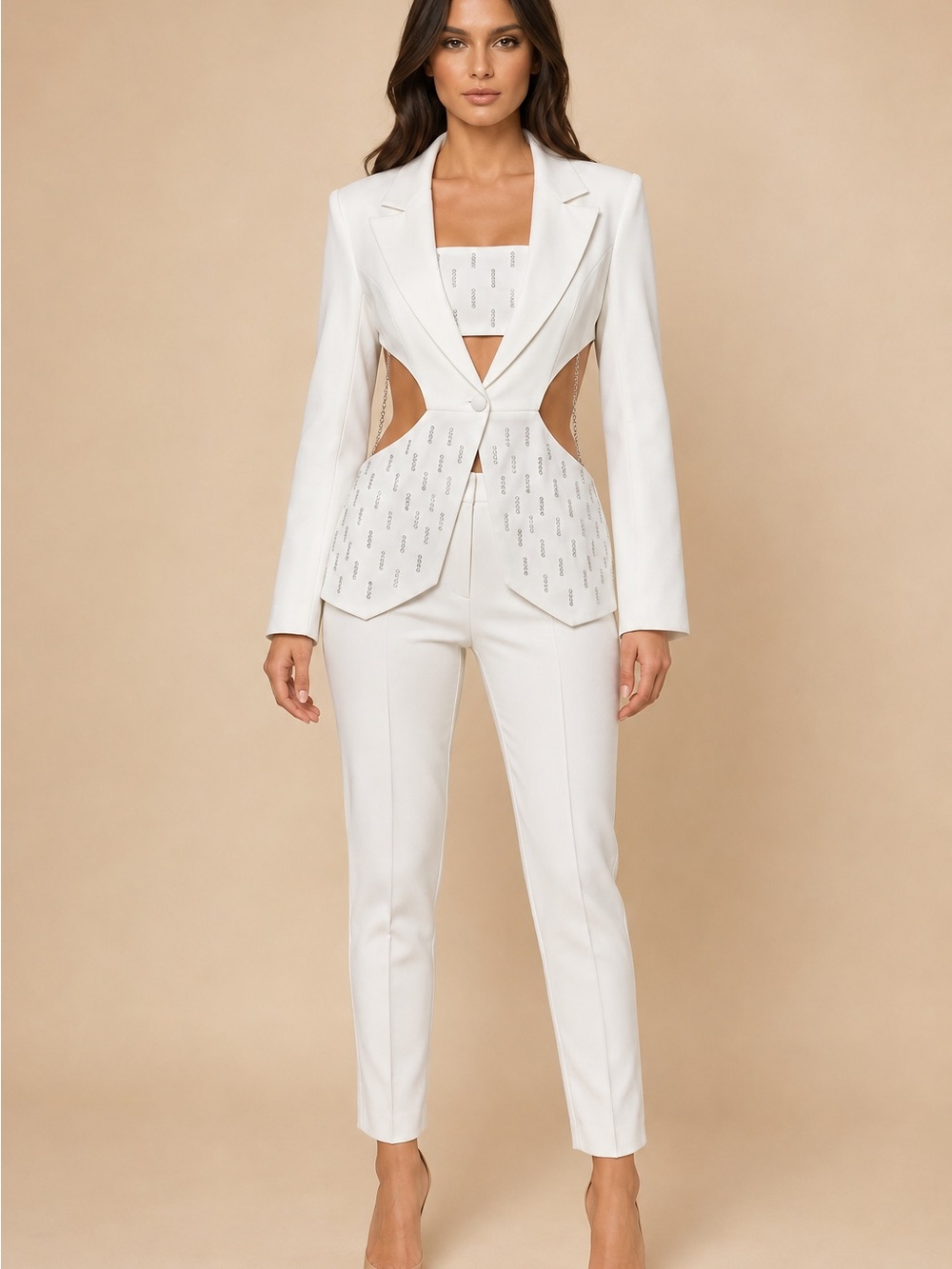 White Rhinestone Cutout Chain Blazer